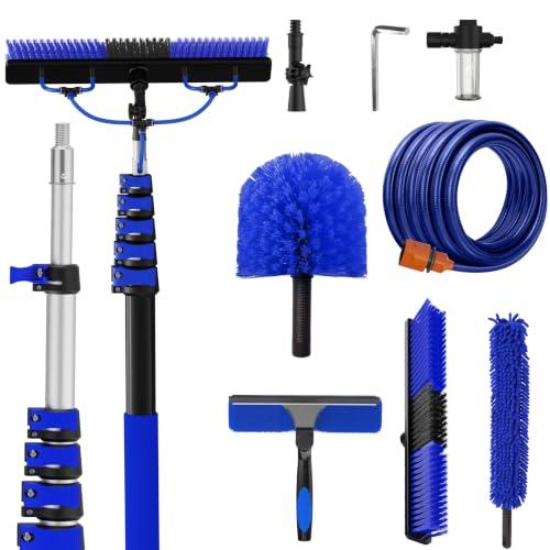 30FT Reach Solar Panel Cleaning Brush Kit with 5-24FT Telescoping Pole, 40FT Hose, 20" Water Fed Brush, Soap Dispenser, Cobweb Duster, Squeegee & High Ceiling Duster for Roof, RV, Gutter, Boat, Deck