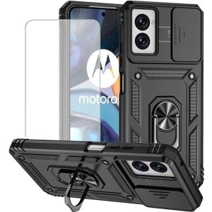 for Moto G Power 2024 Case,Motorola G Power 2024 Case with Tempered Glass Screen Protector and Slide Camera Cover, Magnetic Ring Car Mount Holder Cover for Motorola Moto G Power 2024 Black