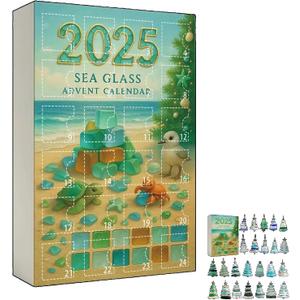 Sea Glass Christmas Tree Advent Calendar, 24 Days of Ocean Themed Holiday Surprises, hristmas Countdown Calendar with 24 Mini Natural Sea Glass Christmas Tree Ornaments