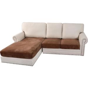 H.VERSAILTEX Velvet Stretch Sectional Couch Covers 3 Pieces Sofa Seat Cushion Covers L Shape Separate Cushion Couch Chaise Cover for Both Left/Right Couch(Large Sofa 2 Seater + 1 Chaise, Caramel Cafe)