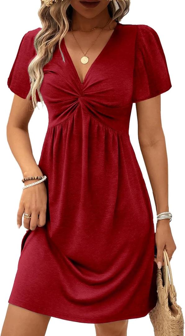 Acelitt Womens Casual Fashion Trendy 2026 Summer Twist Front V Neck Short Sleeve Mini Dress High Waist A Line Ruffle Dresses Sundress Red Small