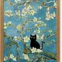 Fantasy Artists Van Gogh's Almond Blossom Funny Black Cat Canvas Wall Art, Oil Painting Posters Home Decor, Vintage Abstract Aesthetic Wall Decorations for Living Room Bedroom, 12'' x 16''