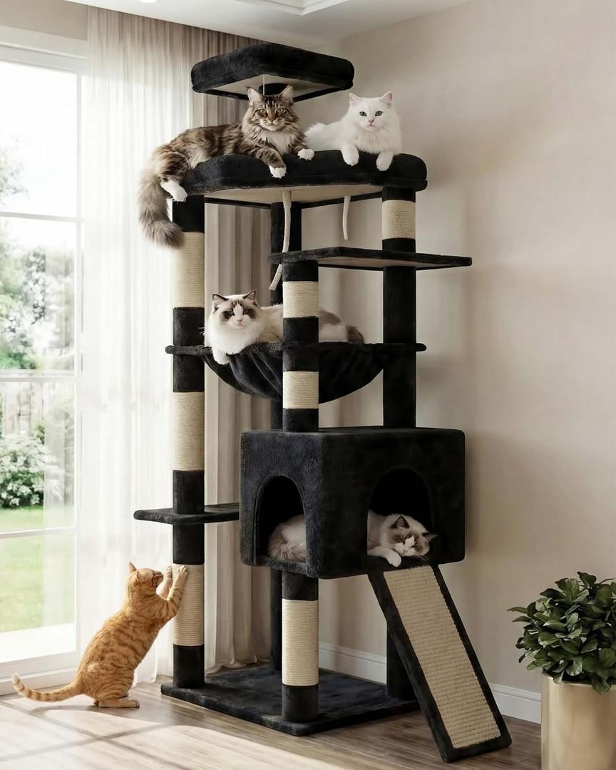 Heybly Heavy Duty Cat Tree, 64.2-Inch Tall Tower for Large Indoor Cats with Widened Structure, Cat Furniture with Big Platforms, Extra-Large Hammock, Sisal Scratching Posts & Board, Smoky Gray HCT027G