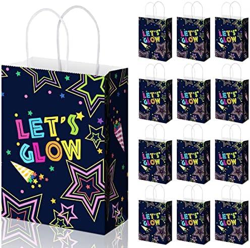 Spakon 12 Pieces Glow Party Bags Let's Glow in the Dark Goodie Bag with Handles Neon Party Gift Wrap Birthday Party Supplies Goodie Candy for Decorations
