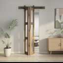 JUBEST Bifold Glass Barn Door, 24Inch Bi Fold Sliding Barn Door Kit with Hardware Include, 3-Panel Glass Barn Door Slab, Solid Wood Barn Door with MDF & Water-Proof PVC Surface, Brown