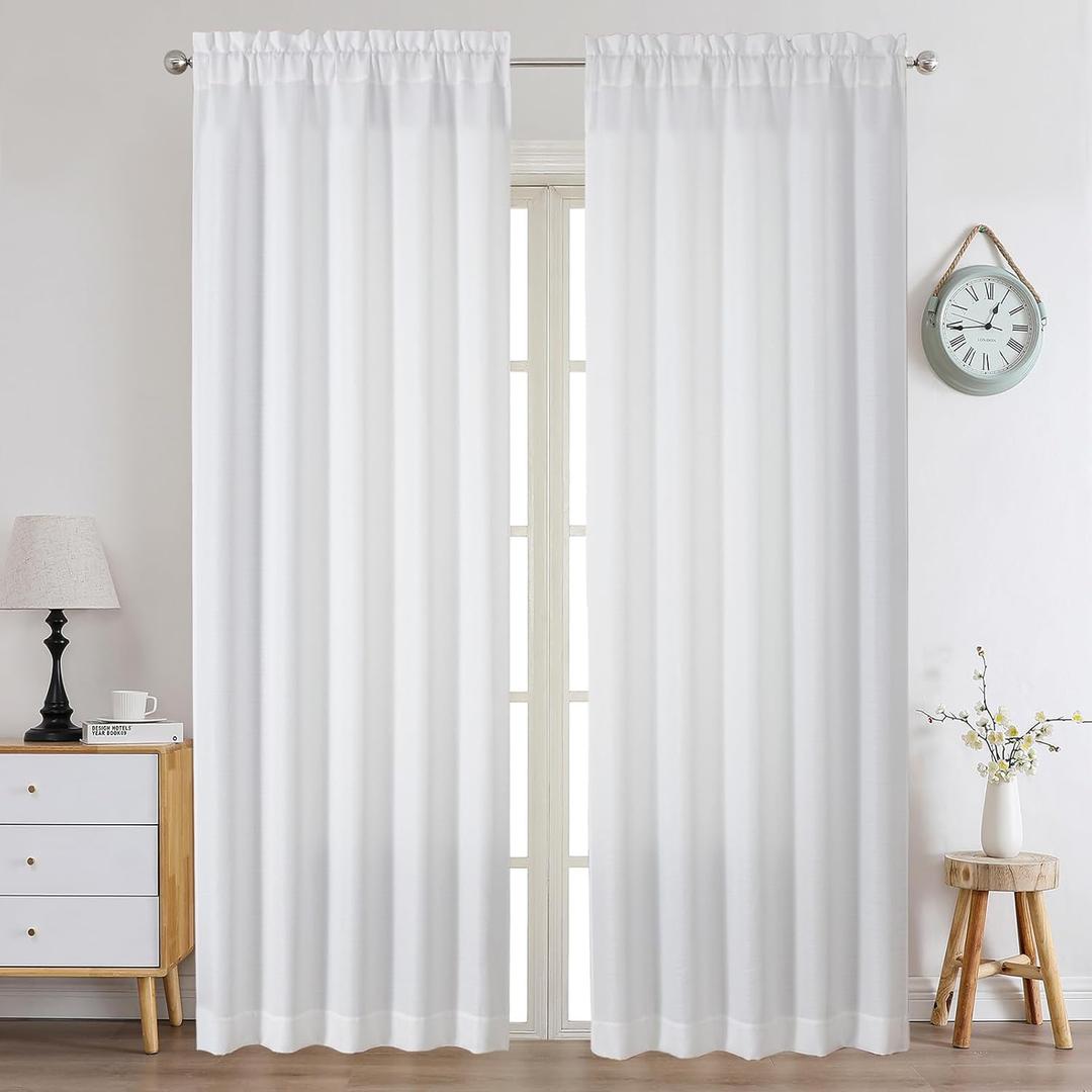 Chyhomenyc White Curtains 96 Inch Length 2 Panels Set, Faux Linen Textured Semi Light Filtering Soft Airy Farmhouse Window Curtain Drapes for Living Room Bedroom, 50Wx96L