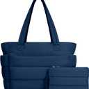 TOPDesign Puffer Tote Bag for Women, Lightweight Puffy Handbag with Compartments, Quilted Shoulder Bag for Work, Travel, Gym (Large, Navy Blue)