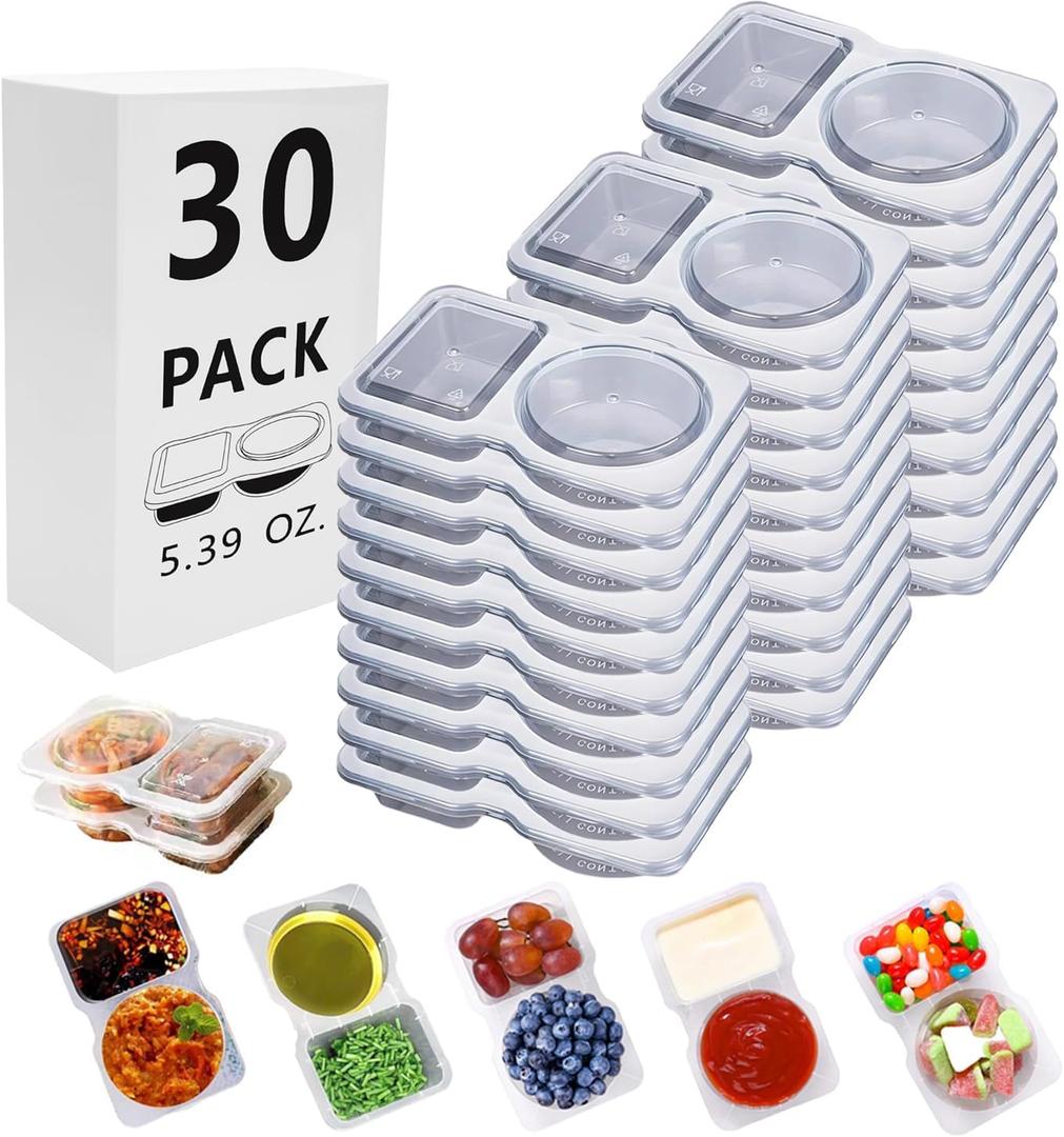 30 Sets Reusable Snack Containers Double Compartment Snackle Box Container with Lids - Leak-Proof BPA-Free Food Storage, Condiments Portion Control Dip Cups for Kids School Lunches, Meal Prep, Takeout (Transparent 30-pack)