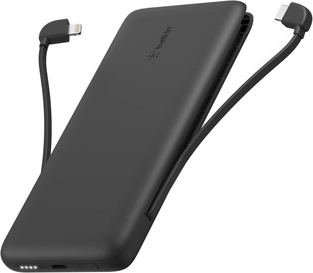 Belkin Portable Charger Power Bank for iPhone/Android - 10,000mAh, 23W Battery Pack for Phone with Integrated USB-C, Lightning Cables - Pass-Through Capability, Charge 2 Devices at Once