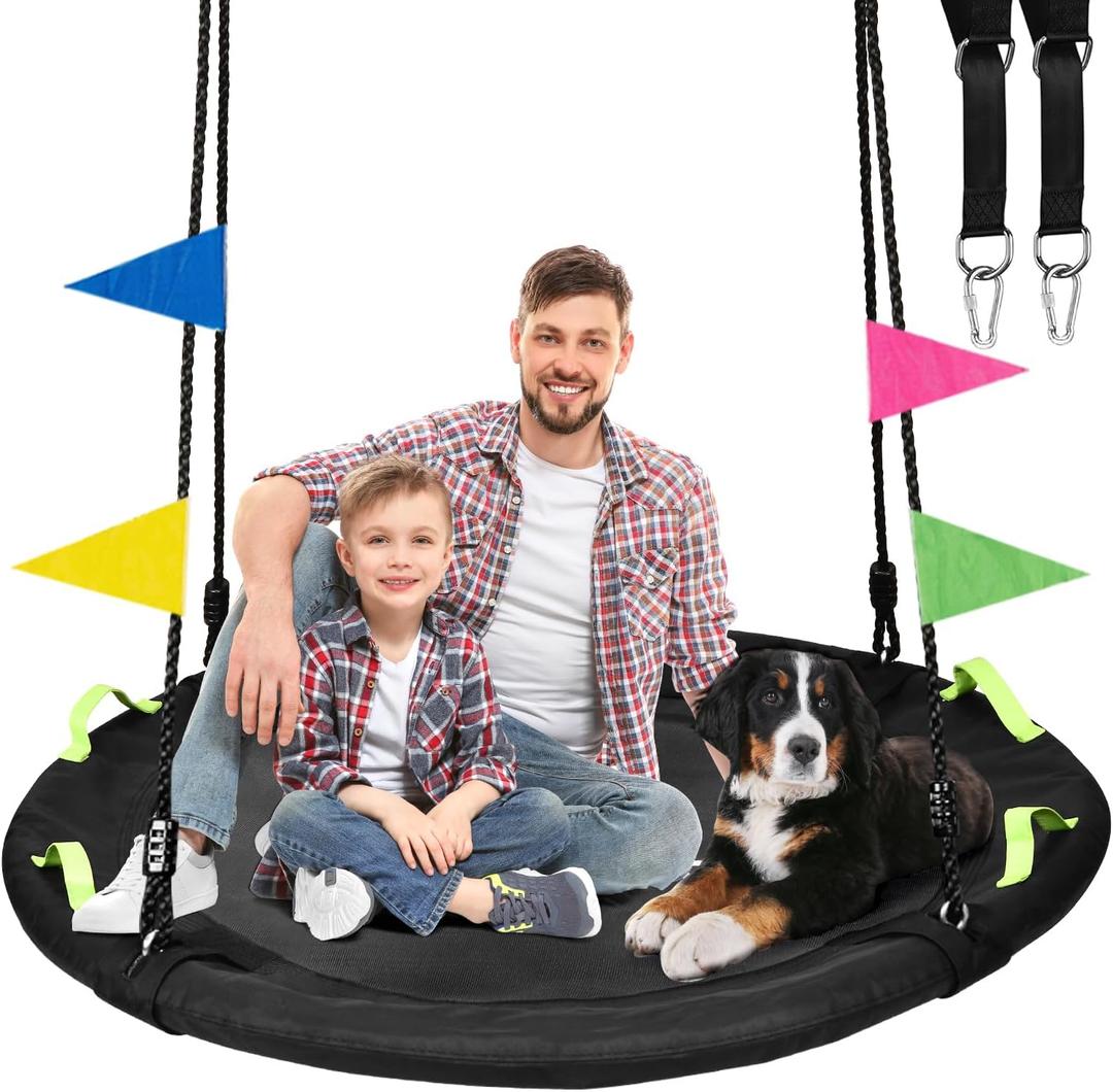 HeyZoo 48 inch Tree Swing, Larger Saucer Flying Swing for Whole Family, 900lbs Weight Capacity, with Adjustable Hanging Straps, for Outdoor Backyard, Gifts for Kids, Black