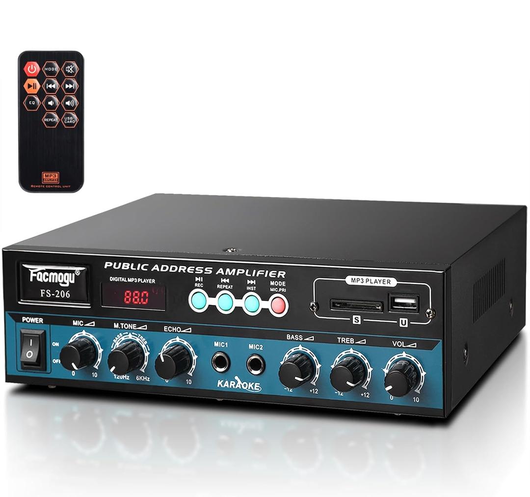 Facmogu FS-206 Public Address Amplifier, 60W Home Compact Public Address Mono Bluetooth Amplifier for PA Speakers, PA Amplifiers System w/FM, BT, LED Display, Remote, USB/AUX/Mic in, 70V/100V Out