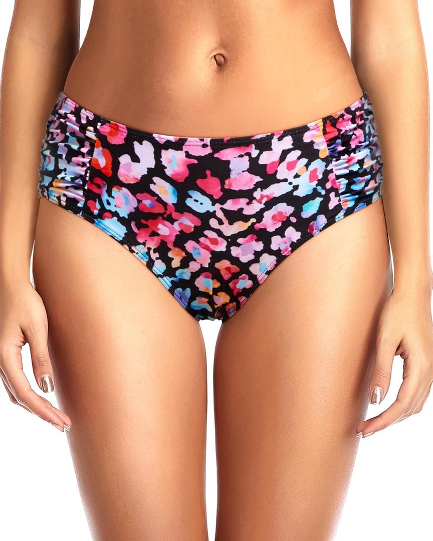 Tempt Me Women Bikini Bottoms Mid Waist Bathing Suit Swimsuit Ruched Swim Bottom (Large, Colorful Leopard)