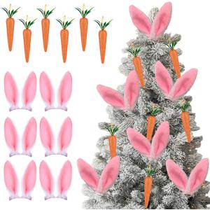 12Pcs Easter Tree Decorations Bunny Ears and Carrots Set - Clip-on Fluffy Pink White Rabbit Ears with Hanging Carrots Ornaments for Easter Spring Party Home Decor