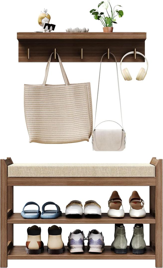 2-in-1 Shoe Rack Bench & Coat Rack Set, 28" Bamboo Storage Stool with Padded Seat, 24" Wall-Mounted Coat Stand with 5 Gold Hooks, Hallway Organizer for Home Entryway, Walnut Color