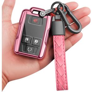 Sindeda for Chevrolet Key Fob Cover With Keychain Full Protection Key Shell Key Case Compatible with Silverado Suburban Tahoe Colorado GMC Sierra Yukon Canyon-Pink