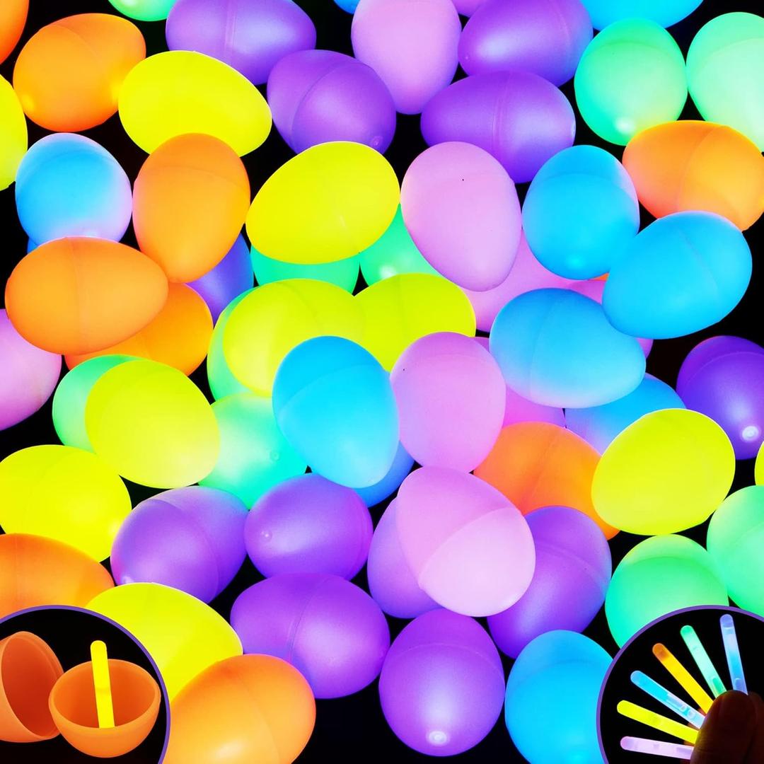 JOYIN 100 Pcs Easter Eggs with 150 Pcs Mini Glow Sticks for Kids Glow-in-The-Dark Basket Stuffers Fillers Gift, Easter Eggs Hunt Game Party Favors Classroom Decorations Supplies