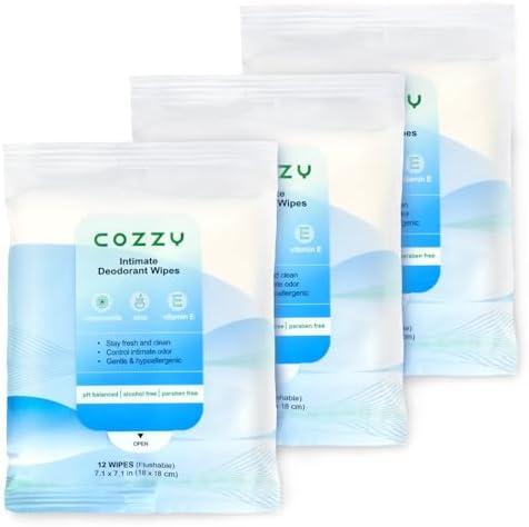 Pack Of 2 COZZY Intimate Deodorant Wipes - Flushable, Biodegradable, & Ph Balanced, Removes Odor - Gentle, All Skin Types, Alcohol Free, Paraben Free, Aluminum Free - 12 Count (Pack of 6)