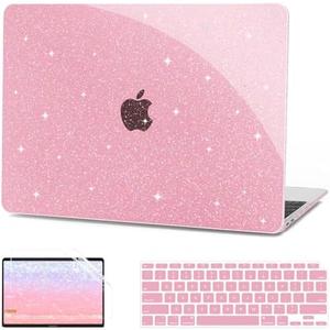 G JGOO Compatible with MacBook Air 13 Inch Case 2022 2021 2020 2019 2018 Release M1 A2337 A2179 A1932 Touch ID, Glitter Plastic Hard Shell Case + 2 Keyboard Covers + Screen Protector, Sparkly Pink