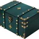 Vintage Pirate Treasure Chest Box Large Wooden Antique Wood Storage Case with Metal Accents, Green Retro Decorative Trunk Organizer for Jewelry, Trinket, Tarot Card, Pearl, Home Bedroom Decor Gift