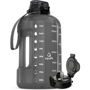 AQUAFIT 1 Gallon Water Bottle with Time Marker - Straw & Chug Lid - BPA Free Gym Water Bottle with Straw - Big Gallon Jug (Gray, 128 oz - 2in1 Lid)
