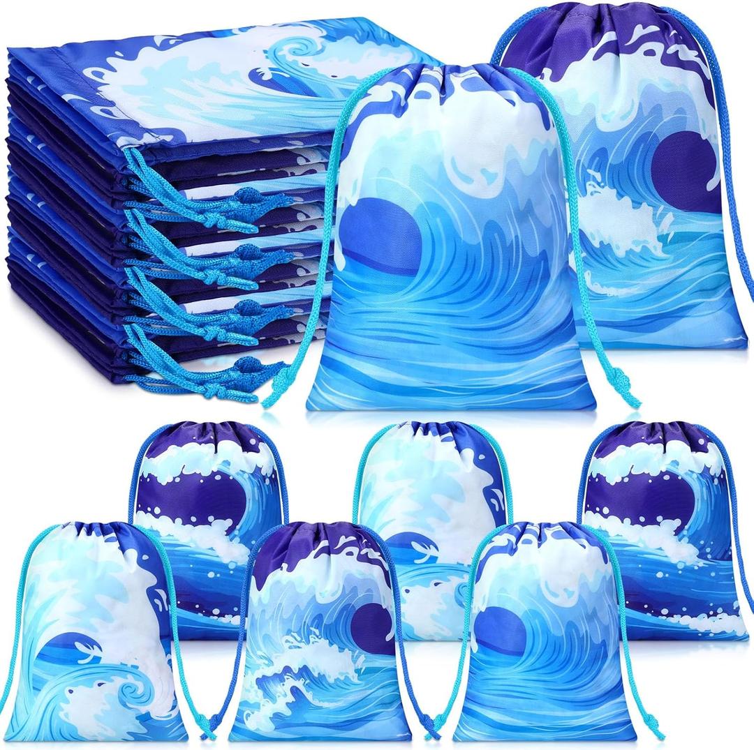 Capoda 16 Pcs Ocean Waves Gift Bags Bulk Summer Sea Drawstring Pouch Blue Beach Pool Reusable Treat Candy Favor Goodie Bags for Swimming Birthday Party Decoration Shower Supplies