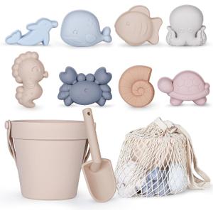 MarcZero 11Pcs Silicone Beach Toys,Modern Baby Beach Toys,Travel Friendly Beach Set,Silicone Bucket, Shovel, 8 Sand Molds, Beach Bag,Silicone Sand Toys for Toddlers, Kids (Begie)