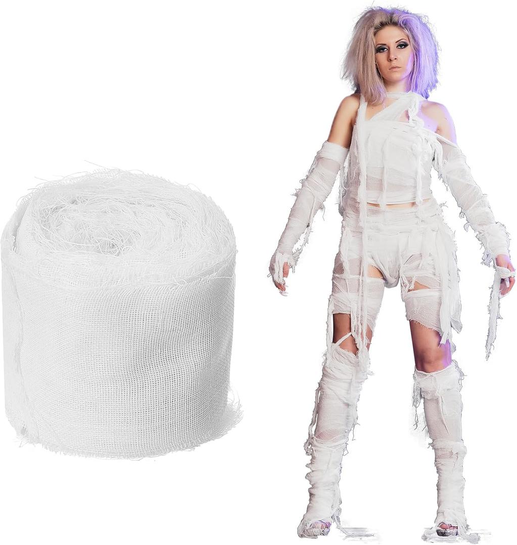 Preboun Halloween Mummy Bandage Wrap Bloody Gauze Zombie Makeup Props Creepy Costume Bandage Cosplay Party(White,131.2 ft X 3.15 Inch)