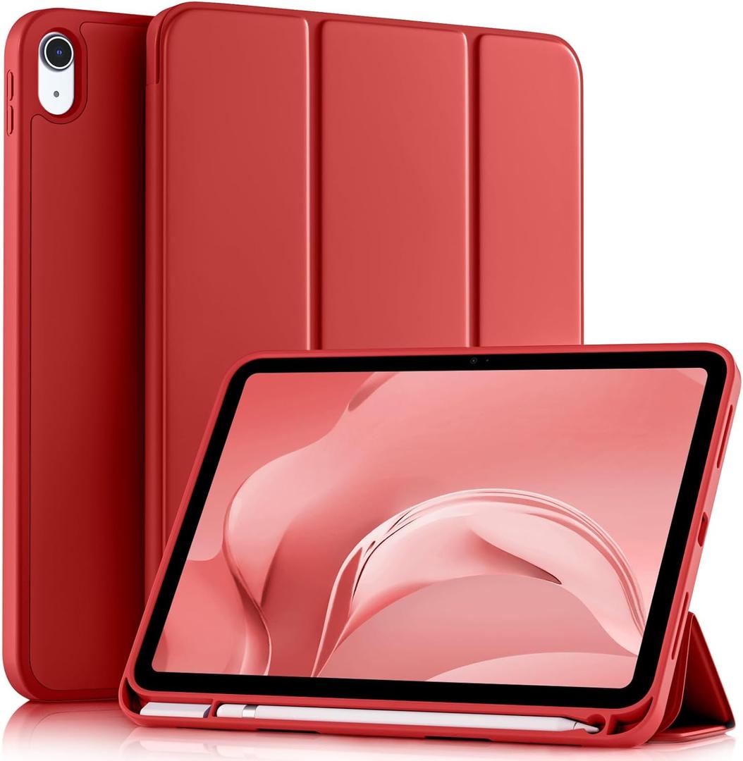 Akkerds Compatible with iPad (A16) 11th Generation Case 11 Inch 2025, for iPad 10th Generation Case 10.9 Inch 2022 with Pencil Holder, Slim Trifold Stand Protective Cover with Soft TPU Back, Red