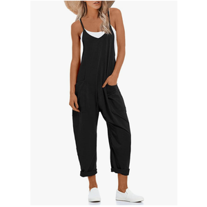 Lentta Women's Causal Jumpsuits V Neck Sleeveless Harem Overalls Stretchy Adjustable Strap Romper with Pockets M