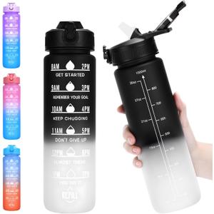 Water Bottle with Straw, 32oz Motivational Water Bottles with Time Marker, LeakProof Tritan BPA Free,Sports Water Bottle with Handle for Women Man Gym Fitness Outdoor (Black)