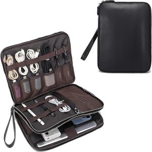 LANNSYNE Full Grain Leather Travel Cable Accessories Bag, Electronic Organizer Carry Case Double Layer Storage Case for Cables, Charger, Phone, Power Bank (Black)