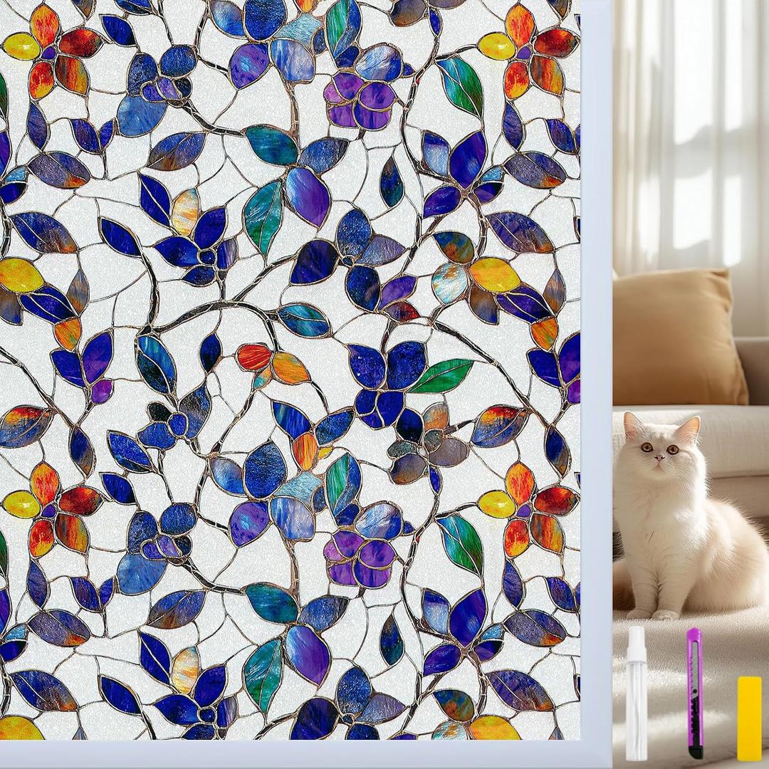 COUNTEWOL Window Privacy Film with Installation Tools Home Decorative Colored Glass Window Stickers Reusable electrostatic Rainbow Stickers (Frosted Stained Leaf, 45.2 x 78.7 in)
