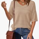 PRETTYGARDEN Women's Short Sleeve Sweater Tops 2025 Spring Summer Casual V Neck Ribbed Knit Trendy Eyelet Blouse T Shirts (Dark Apricot, Medium)