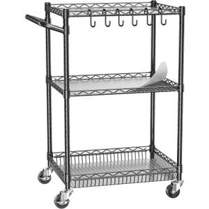 Metal Steel Wire Cart with Wheels, 3 Shelf Rolling Cart, Kitchen Trolley with Handle Bar&Shelf Liner, Commercial Grade Mobile Storage Cart for Kitchen, Living Room, Laundry, Grocery (Small & Black18d X 28w X 37h, 750lb)