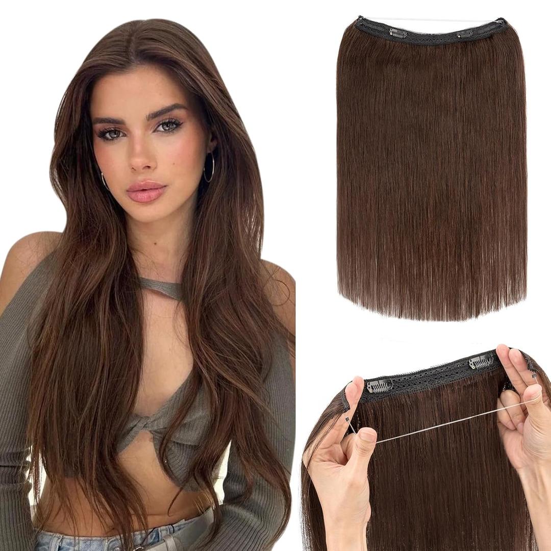 Hairro Wire Hair Extensions Human Hair, Fish Line Invisible Adjustable & Clips in Extensions Straight, 100% Real Hairpieces Seamless Blending for Women, 12 Inch 65g Dark Brown