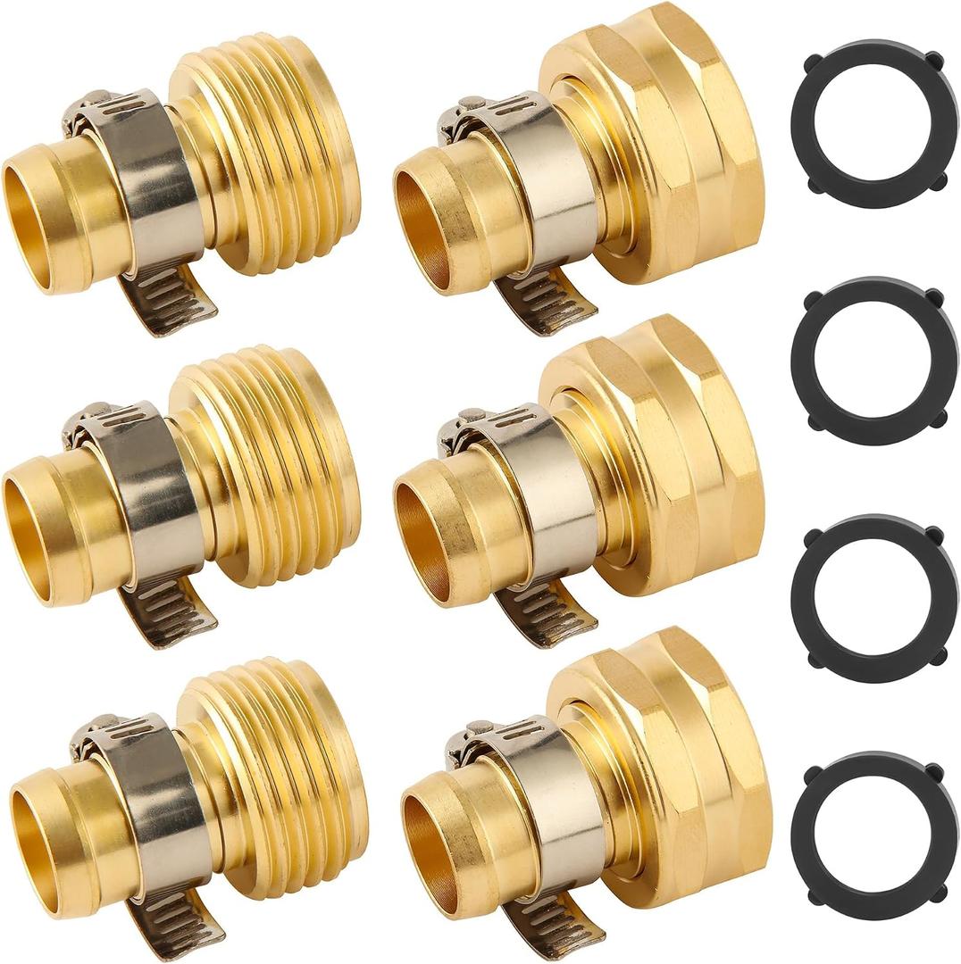 3 Set Brass Garden Hose Repair Connector Kit with Clamps, Fit for 5/8" Garden Hose Fitting,5/8'' Barb x 3/4'' GHT Garden Hose Adapter/Fittings, Water Hose Repair Kit