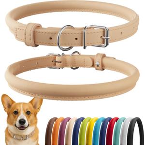 CollarDirect Rolled Leather Dog Collar, Soft Padded Round Puppy Collar, Handmade Genuine Leather Collar Dog Small Large Cat Collars 13 Colors (11-14 Inch, Beige Smooth)