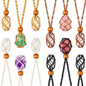 Hicarer 12 Pcs Crystal Cage Necklace Holder Cord Empty Pendant Stone Holder Replacement Hand-woven Necklace Cord with Adjustable Length(1.57'',Black, Ginger, Brown, Beige)