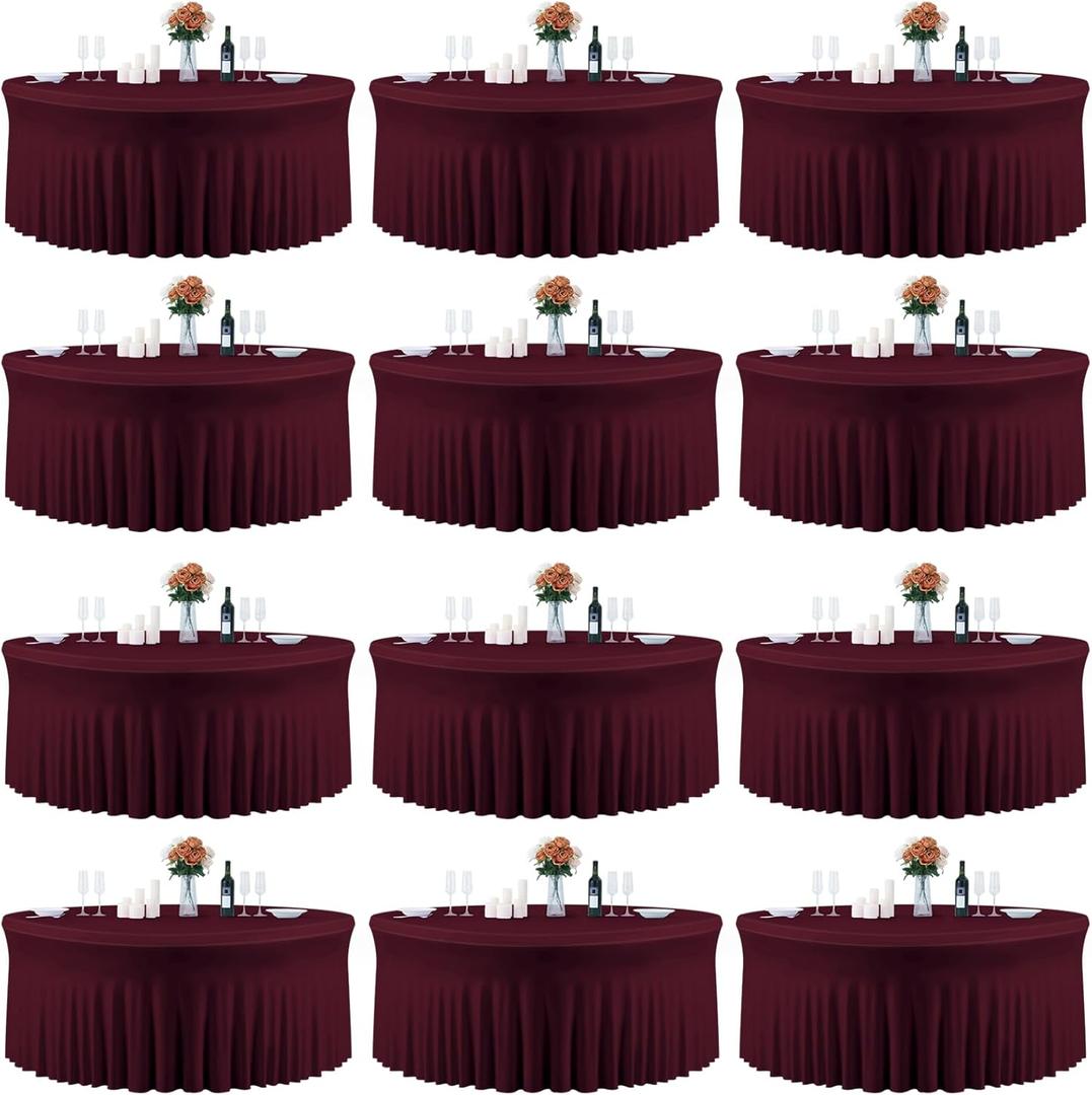 12 Pack 132inch Burgundy Round Tablecloth, Circle Stretch Table Cloths for 6 FT Tables, Wrinkle Free Round Table Skirt for Wedding Birthday Photography Party Social Events Engagement Party Decoration