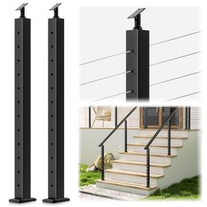 2Pack Cable Railing Stair Posts, 42" Adjustable Top 33 Degree Drilled Fit for 25-35 Degrees, Black Finish with Stainless Steel Cable Grommets
