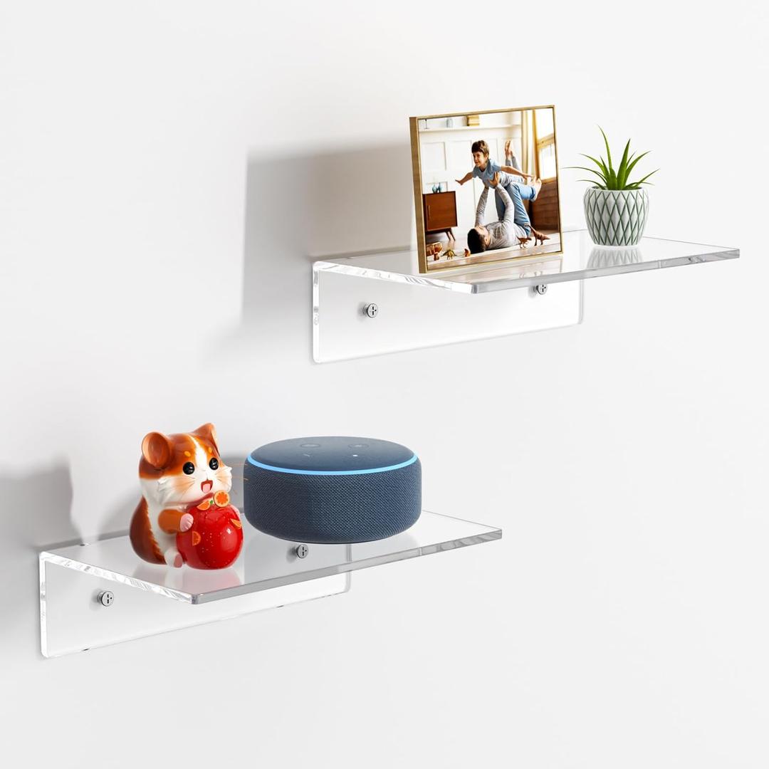 FEMELI 2 PCS 9" Acrylic Floating Shelves, Clear Shelf for Display, Plant, Perfume, Book in Bedroom Living Room Office, 5mm Thick Wall-Mounted Acrylic Shelves for Wall