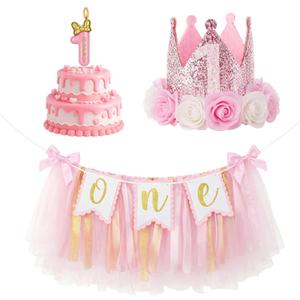 Yaomiao Birthday Banner Decorations Set Bow Highchair Banner Pink Princess Crown Hat Number Candle Decor Princess Theme Party for Photo Props