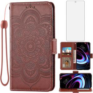 Asuwish Compatible with Motorola Moto Edge 2021/MotoEdge 5G UW Wallet Case and Tempered Glass Screen Protector Leather Flip Credit Card Holder Stand Cell Phone Cover for MotoEdge5GUW Women Men Brown