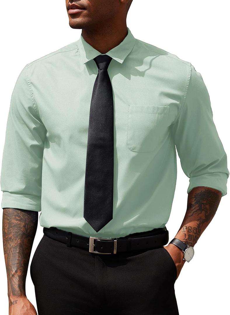 COOFANDY Mens Business Dress Shirt Casual Button Down Long Sleeve Shirts Regular Fit Solid (Large, Light Green)