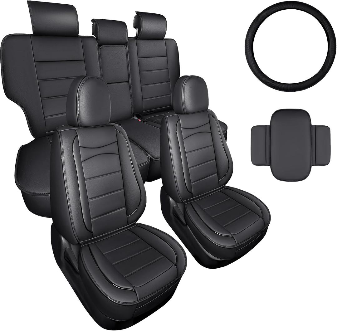 IKABEVEM Custom for Toyota RAV4 Seat Covers 2013 2014 2015 2016 2017 2018 LE, XLE, SE, Limited, Adventure, Platinum Full Set Faux Leather Seat Cover with Interior Accessories (Black)