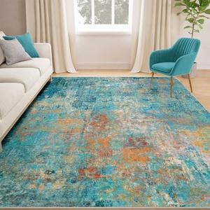 RELEANY Washable Area Rugs 180"x112" Non-Slip Modern Abstract Soft for Living Room Entryway Bedroom Nursery, Print Pattern, Teal Blue Green Orange Rust Red Coloreful
