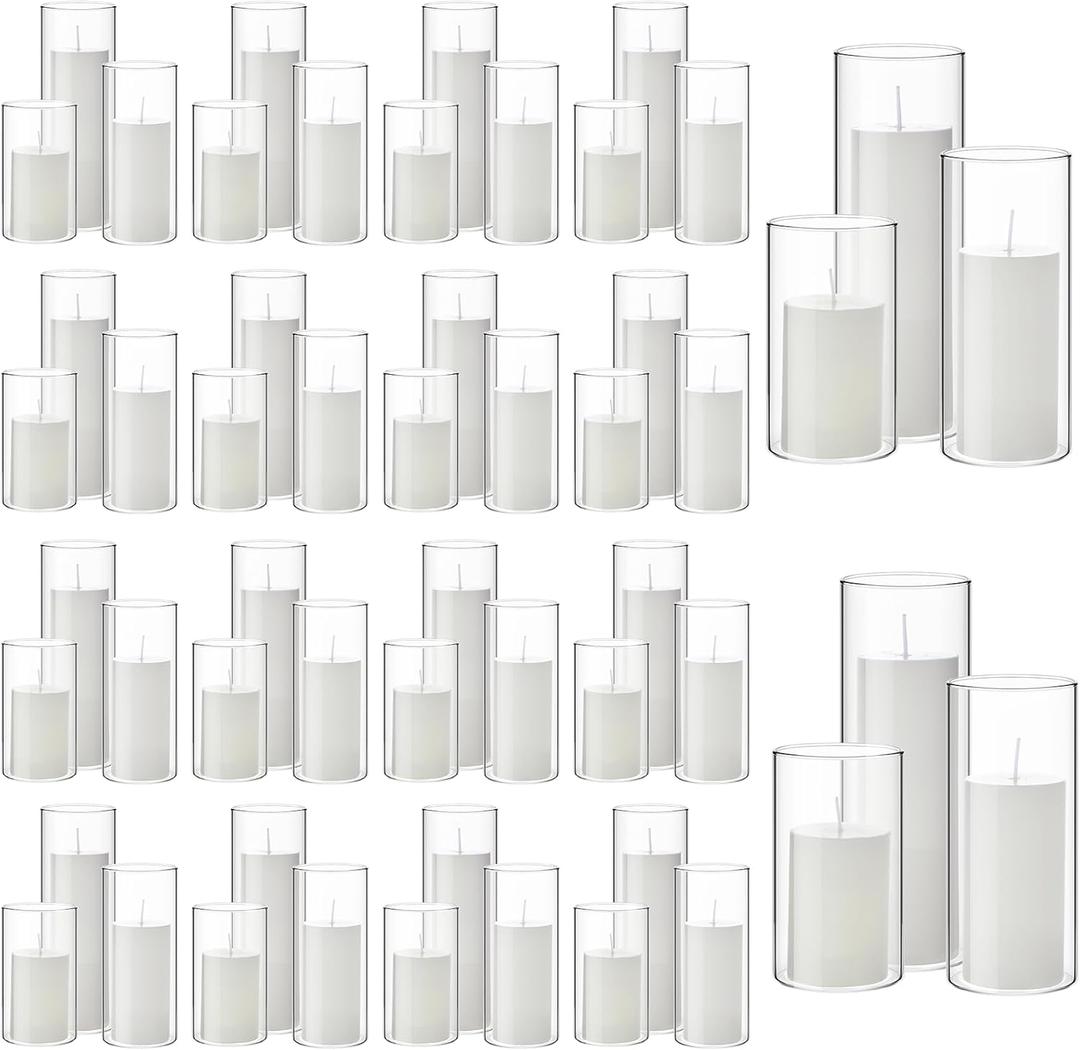 Shihanee 108 Pcs Pillar Candles and Glass Cylinder Vases Clear Cylinder Holders for Slim Pillar Candles Table Decorations, Total 54 Sets (White,108 Pcs)