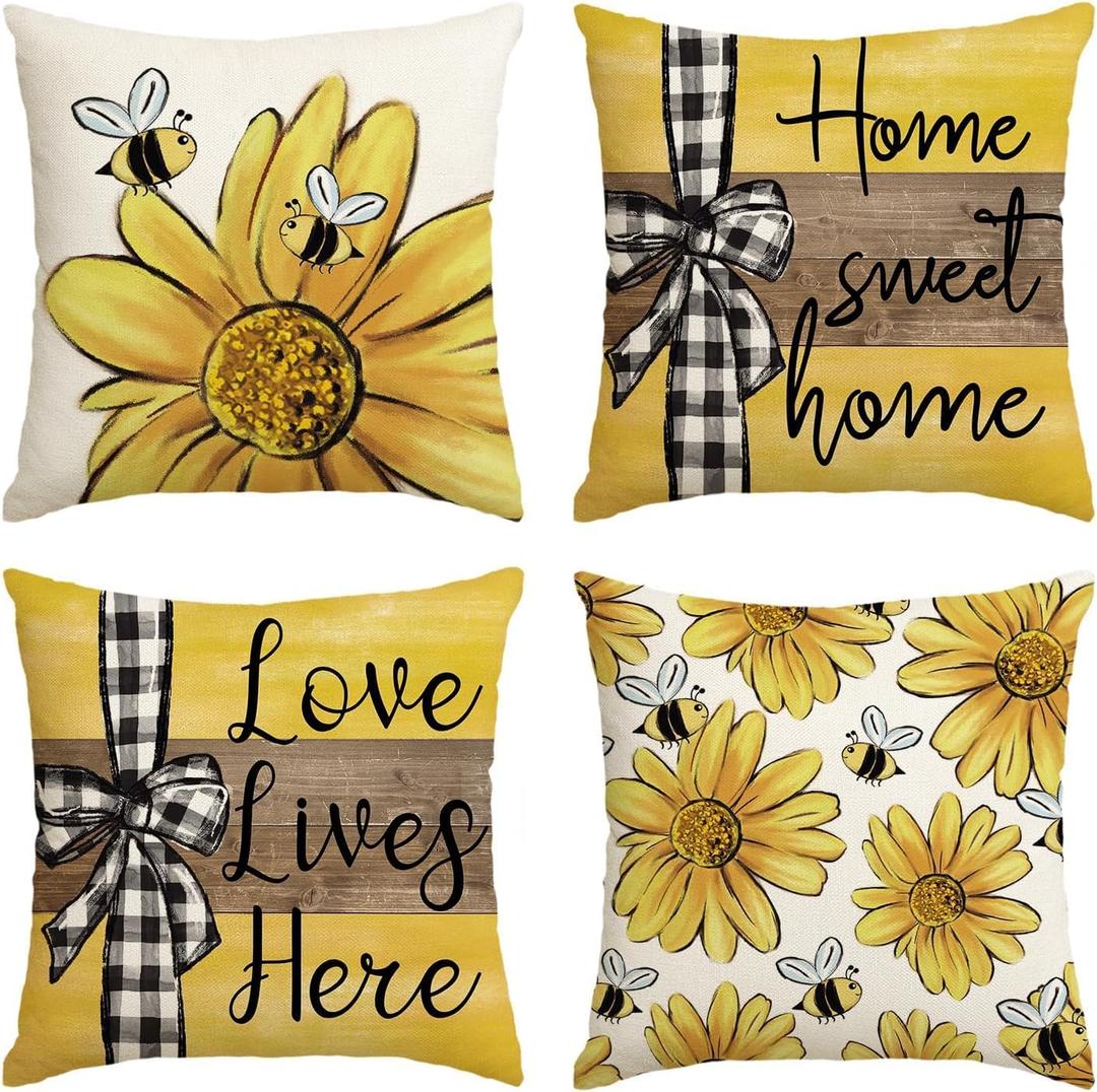 4 x AVOIN colorlife Home Sweet Home Bee Sunflower Throw Pillow Covers, 16 x 16 Inch Love Lives Here Spring Summer Stripes Cushion Case for Sofa Couch Set of 4