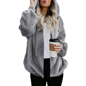 ReachMe Womens Oversized Zip Up Sherpa Jacket with Pockets Fuzzy Hoodie Fleece Sweatshirt Fluffy Coat(Grey, L)