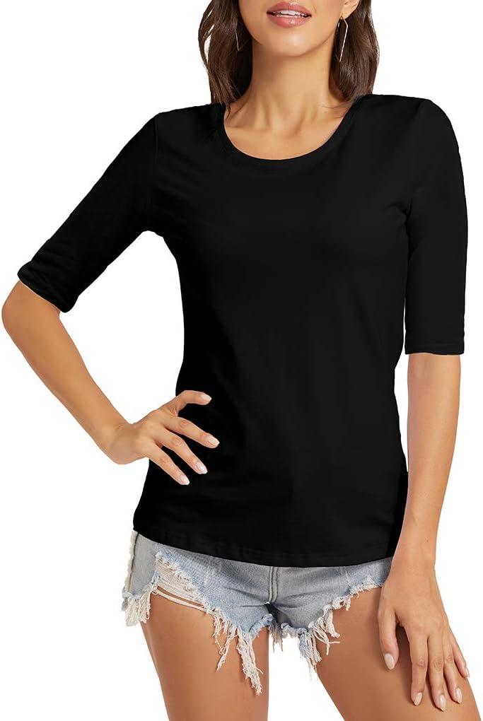 VIIOO Women's Basic Half Sleeve Crew Neck T-Shirt Casual Solid Slim Cotton Top(Black/O-Neck,S)